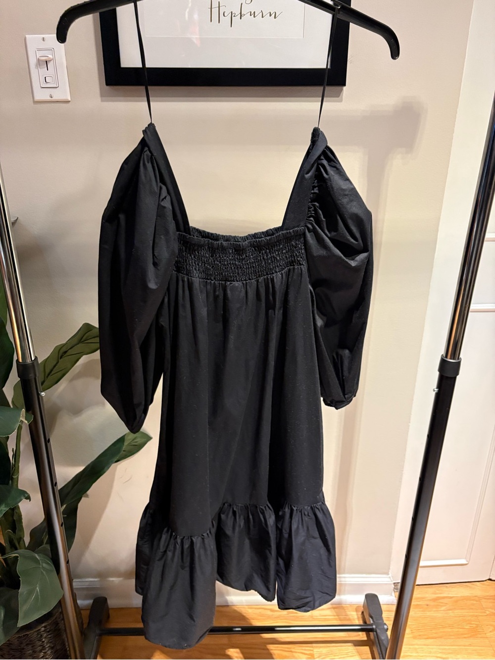 H&M Black 100% Cotton Puff Sleeve Smocked Mini Dress - Size XS